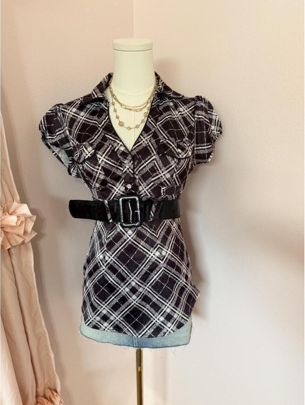 Y2K Heart Soul Black & White Geometric Belted Blouse | Puff Sleeve Button Top